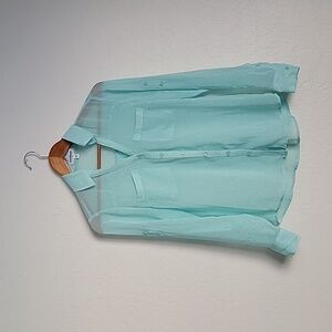 Express Portofino Shirt Blouse Sz XS Womans Mint Green Roll Tab Sleeve V-Neck